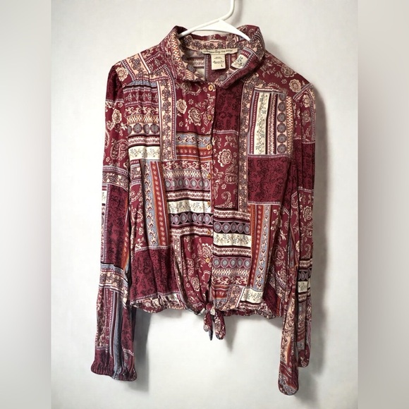 AMERICAN RAG Womens Red Printed Long Sleeve Collared Button Up Top Large - Picture 6 of 8